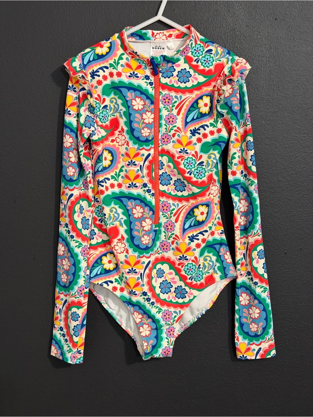 Mini Boden Colorful Paisley Piped Raglan Long Sleeve One-Piece Rashguard 11-12y